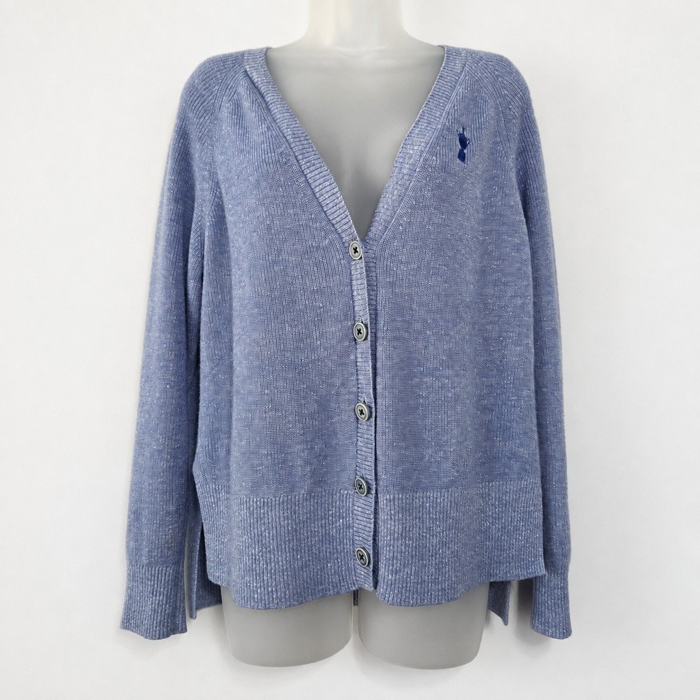 Peter Millar Cardigan Womens M Blue Merino Linen US Open Pinehurst Golf Sweater